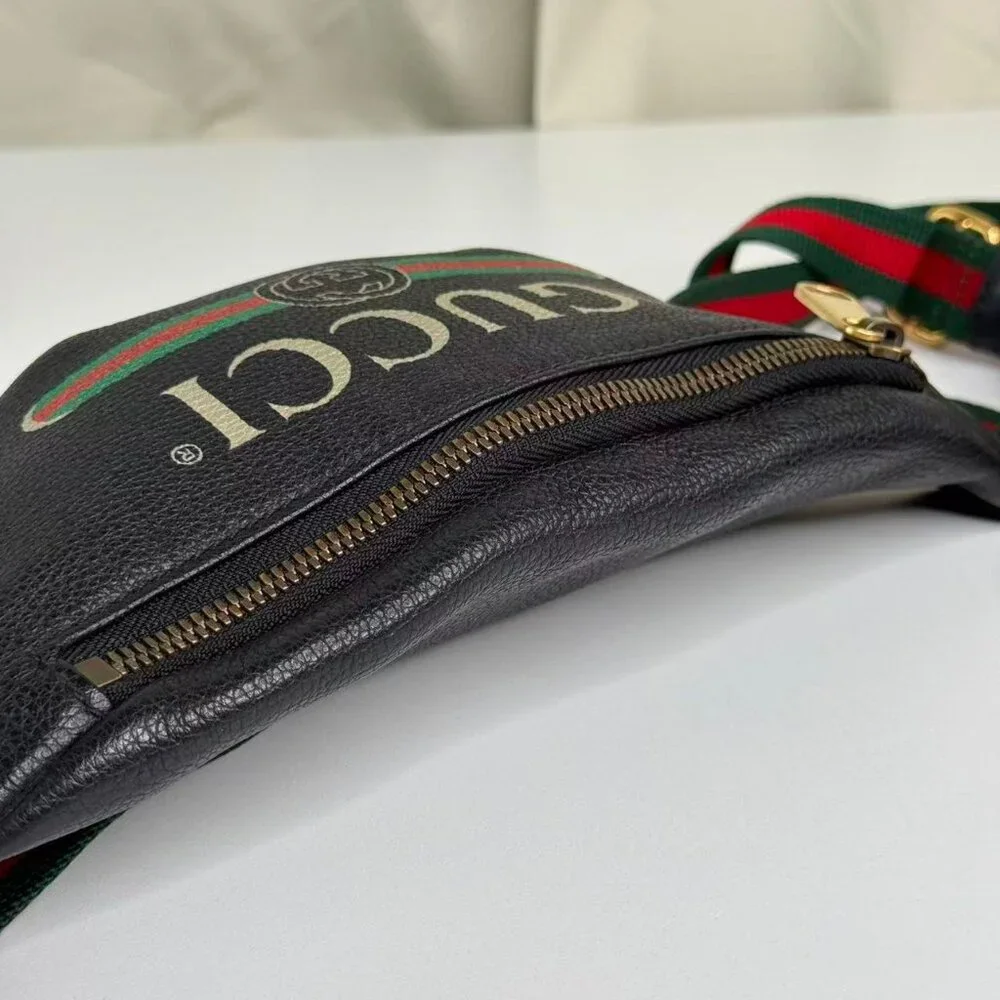 Gucci Black Leather Printed Bum Bag with Green & Red Stripes and Gold Hardware - Picture 5 of 8